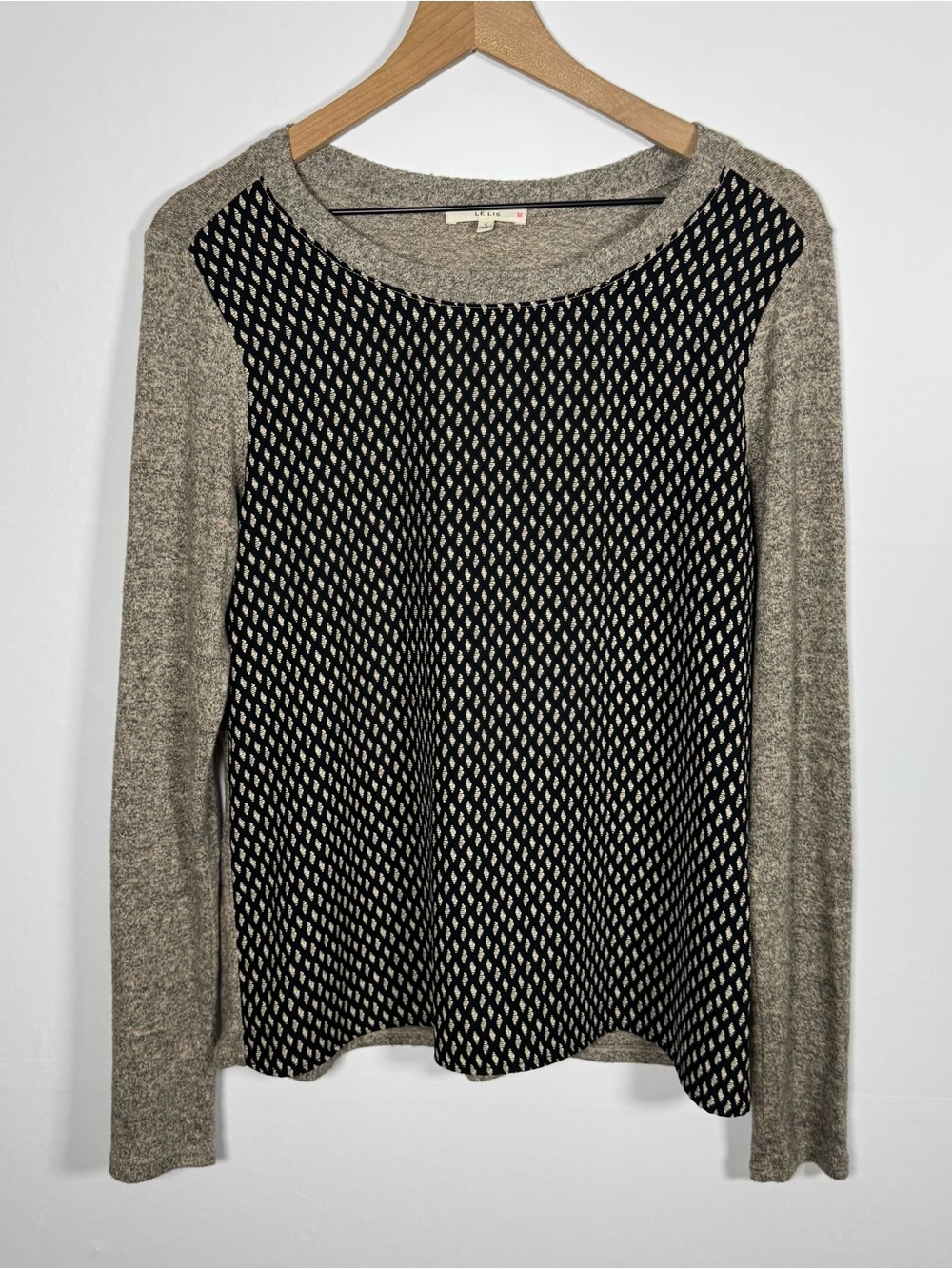 Le Lis Soll Gray Tan Mixed Material Geometric Brown Knit Top Sz S